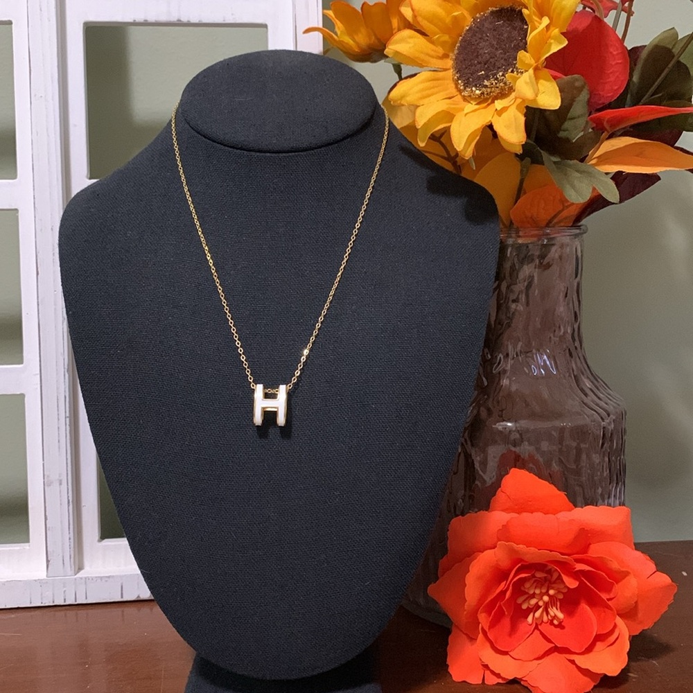 Mini Pop "H" Necklace Gold Tone 925 Stamped Chain w/ S925 White Enamel H Pendant - Picture 8 of 8